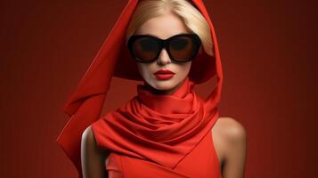 ai genererad eleganta kvinna i röd utrusta med matchande huvud beläggning och solglasögon på en röd bakgrund. studio mode och design begrepp. design för mode reklam, redaktionell. foto