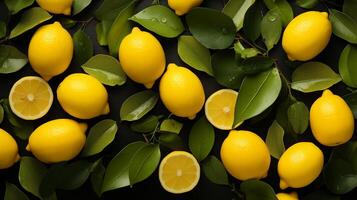 ai genererad närbild av vibrerande gul citroner med färsk grön löv på svart bakgrund. citrus- frukt och friska äter begrepp. design för matvaror Lagra kampanjer, nutritionist blogg, eller recept foto
