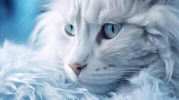 ai genererad katt närbild. blåögd vit katt vilar på en fluffig blå textur. foto