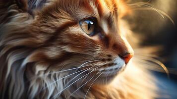 ai genererad katt närbild. maine Coon katt med intensiv blick och detaljerad päls textur i värma belysning. foto