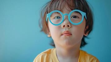 ai genererad liten pojke med blåkantad solglasögon på pastell blå bakgrund foto