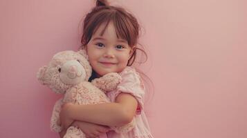 ai genererad liten flicka kramas fylld leksak på pastell rosa bakgrund foto