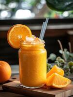 ai genererad orange smoothie i de burk, friska mat, realistisk Foto