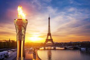 ai genererad ikoniska eiffel torn och olympic flamma på solnedgång foto