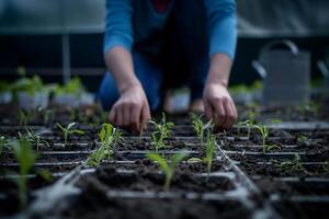 ai genererad intim perspektiv av fröplanta plantering foto