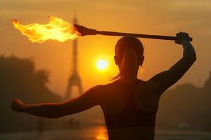 ai genererad dynamisk silhuett av en artist med brand batong på solnedgång foto