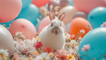 ai genererad påsk kanin omgiven förbi blommor och pastell ballonger foto