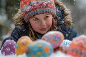 ai genererad flicka med färgrik påsk ägg i snöig väder foto