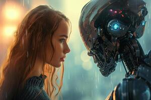 ai genererad ung kvinna gazing på robot i regn, sci-fi drama foto