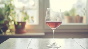 ai genererad glas av röd vin på trä- tabell i främre av fönster med kopia Plats foto