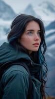 ai genererad porträtt av en skön ung kvinna med blå ögon i de bergen foto
