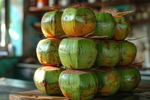 ai genererad organisk färsk tropisk ung grön kokos professionell reklam mat fotografi foto