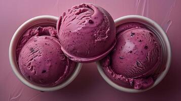 ai genererad tre sorbet boll in i hink med mörk lila is grädde. topp se skott, acai frukt smak, vit bakgrund, mat fotografi. genererad förbi artificiell intelligens. foto