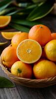 ai genererad gott och utsökt orange frukt i korg, färsk friska producera Foto vertikal mobil tapet