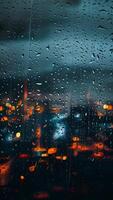 ai genererad stockphoto regndroppar på fönster med stad se, regnig natt atmosfär vertikal mobil tapet foto