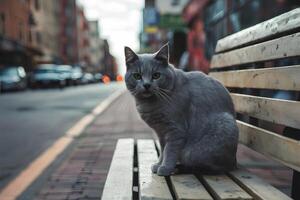 ai genererad hemlös grå katt sitter på bänk, gata scen foto