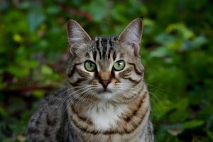 ai genererad gåtfull katt fängslar med genomträngande grön ögon i utomhus- miljö foto