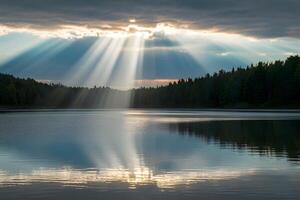 ai genererad solstråle bryter genom moln, gjutning strålnings glöd över lugn sjö foto