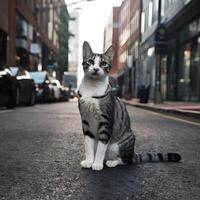 ai genererad skön katt strejker utgör på urban gata, utsöndrar elegans och nåd för social media posta storlek foto