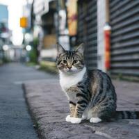 ai genererad suddigt bakgrund slingor små thai katt i charmig urban miljö för social media posta storlek foto