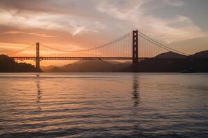 ai genererad solnedgång målarfärger himmel och sjö i fascinerande san francisco nyanser foto