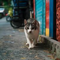 ai genererad gata katt strövar omkring fritt på koh lipe gator, förkroppsligande urban elasticitet för social media posta storlek foto