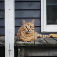 ai genererad ingefära katt slappnar av på trä- veranda nära hus exteriör för social media posta storlek foto