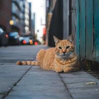 ai genererad orange katt lounger bekvämt på de urban gator för social media posta storlek foto