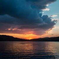 ai genererad solnedgång på de sjö utvecklas under dramatisk mörk moln för social media posta storlek foto