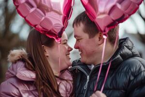 ai genererad ung par innehav rosa hjärta ballonger på en datum foto