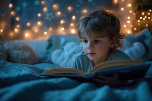 ai genererad pojke på de säng läsning en bok på natt. de barn utseende fokuserade och koncentrerad som han vänder de sidor, omgiven förbi kuddar och en mysigt filt foto