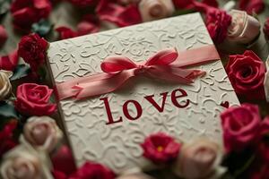 ai genererad gåva kort närbild med rosett och text kärlek foto