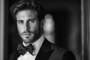 ai genererad svartvit porträtt av en eleganta stilig brudgum i en smoking och rosett slips foto