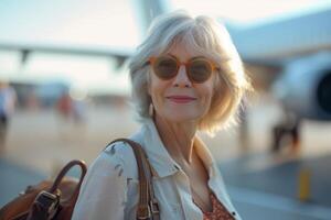 ai genererad en glad senior kvinna i solglasögon och med en ryggsäck står i främre av ett flygplan, flyg resa eller resa foto