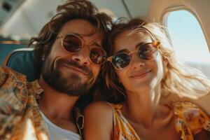 ai genererad resenärer par man och kvinna Sammanträde i flygplan reser tillsammans och tar selfie foto