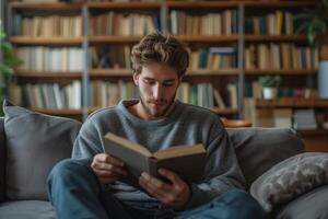 ai genererad en ung man är läsning en bok på de soffa, en kille har en litterär hobby i de levande rum foto