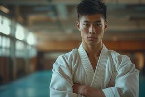 ai genererad asiatisk manlig kämpe i en karate kimono står i en rum med hans vapen korsade. han utseende fokuserade och fast besluten, kanske i krigisk konst Träning foto
