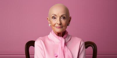 ai genererad ett äldre skallig kvinna, 65 år gammal, vem slå cancer. kvinna på rosa bakgrund. generativ ai foto