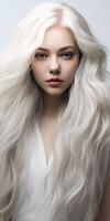 ai genererad ung kvinna med skön vit hår på en ljus bakgrund. generativ ai foto