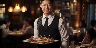 ai genererad Lycklig manlig servitör i ett asiatisk restaurang närbild. generativ ai foto