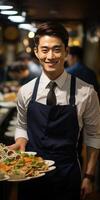 ai genererad Lycklig manlig servitör i ett asiatisk restaurang närbild. generativ ai foto