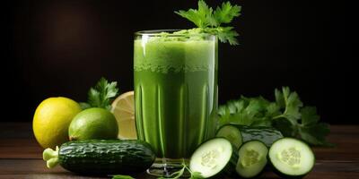 ai genererad grön miljövänlig juice från gurka och mango i glas på en mörk bakgrund. generativ ai foto