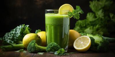 ai genererad grön miljövänlig juice från gurka och mango i glas på en mörk bakgrund. generativ ai foto