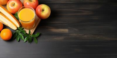ai genererad äpple, orange juice på de tabell, färsk mogen utsökt frukt på topp. generativ ai foto