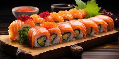 ai genererad blandad sushi och rullar på trä styrelse. mängd av japansk sushi. generativ ai foto
