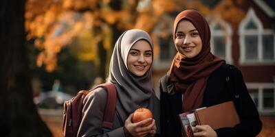 ai genererad två skön muslim kvinnor flickor i hijab gå till skola. generativ ai foto