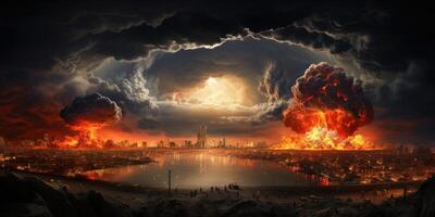 ai genererad kärn krig apokalyps begrepp i en förstörd stad. explosion av en kärn bomba. generativ ai foto