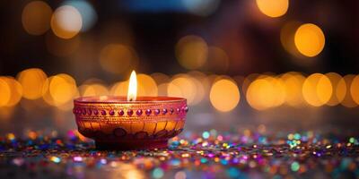 ai genererad Lycklig diwali belyst diya lampa på gata på natt. generativ ai foto