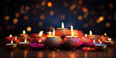 ai genererad Lycklig diwali färgrik lera diya lampor belyst under diwali firande. generativ ai foto