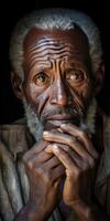 ai genererad vertikal porträtt av ledsen äldre afrikansk man. tema av ensamhet. generativ ai foto